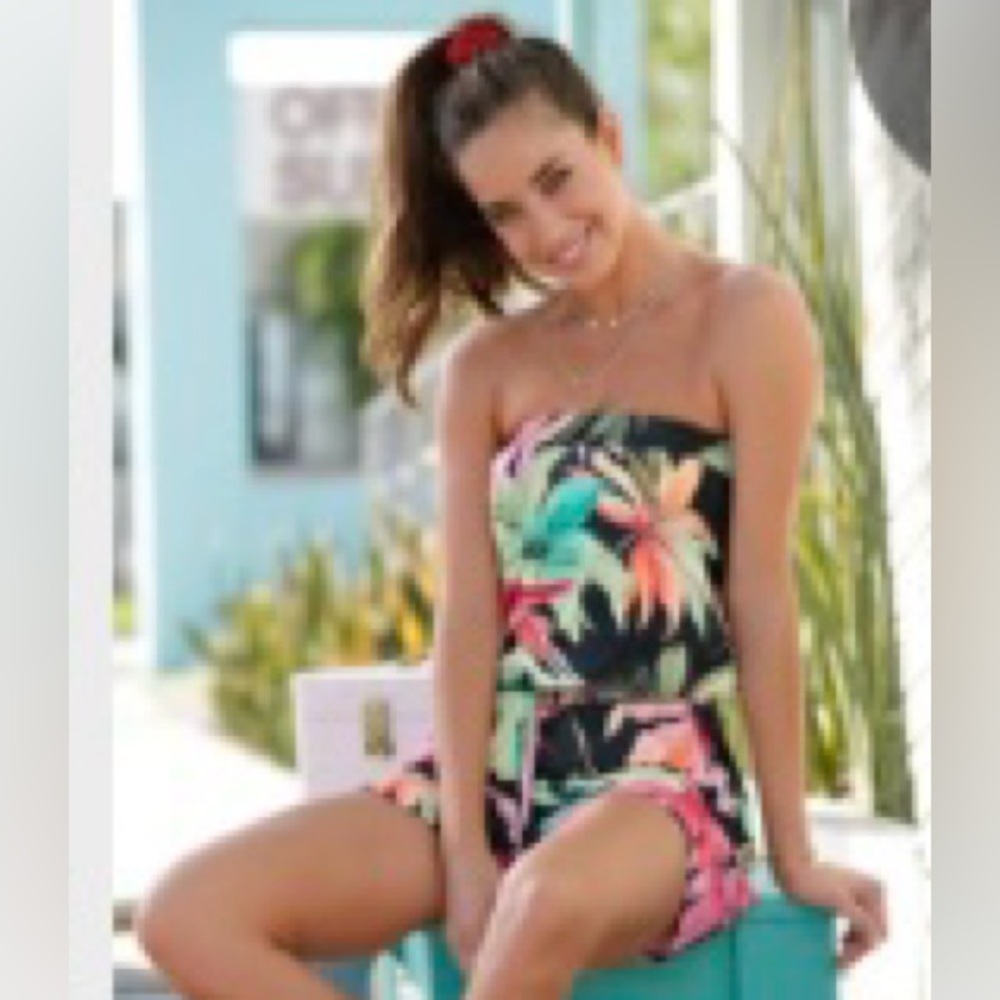 VENUS Black Strapless Romper with Pink and Teal Tropical Print